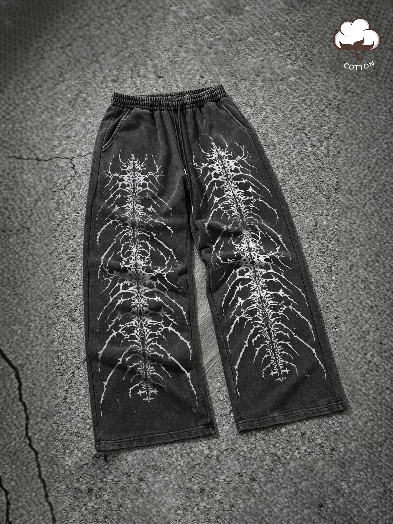 Unisex Vintage Washed Gothic Baggy Elastic Sweatpants Spine Skeleton Print Cotton Loose Pants for Men and Women Street Daily Casual Wear Casual Street Fashion