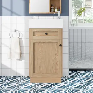 ARCH 18.5" Bathroom Vanity with Reversible Resin Sink, MDF Cabinet with Adjustable Shelf and Elegant Zinc Alloy Handles, Wood Grain Melamine Finish, Reversible Door, Rustic Style for Small Spaces