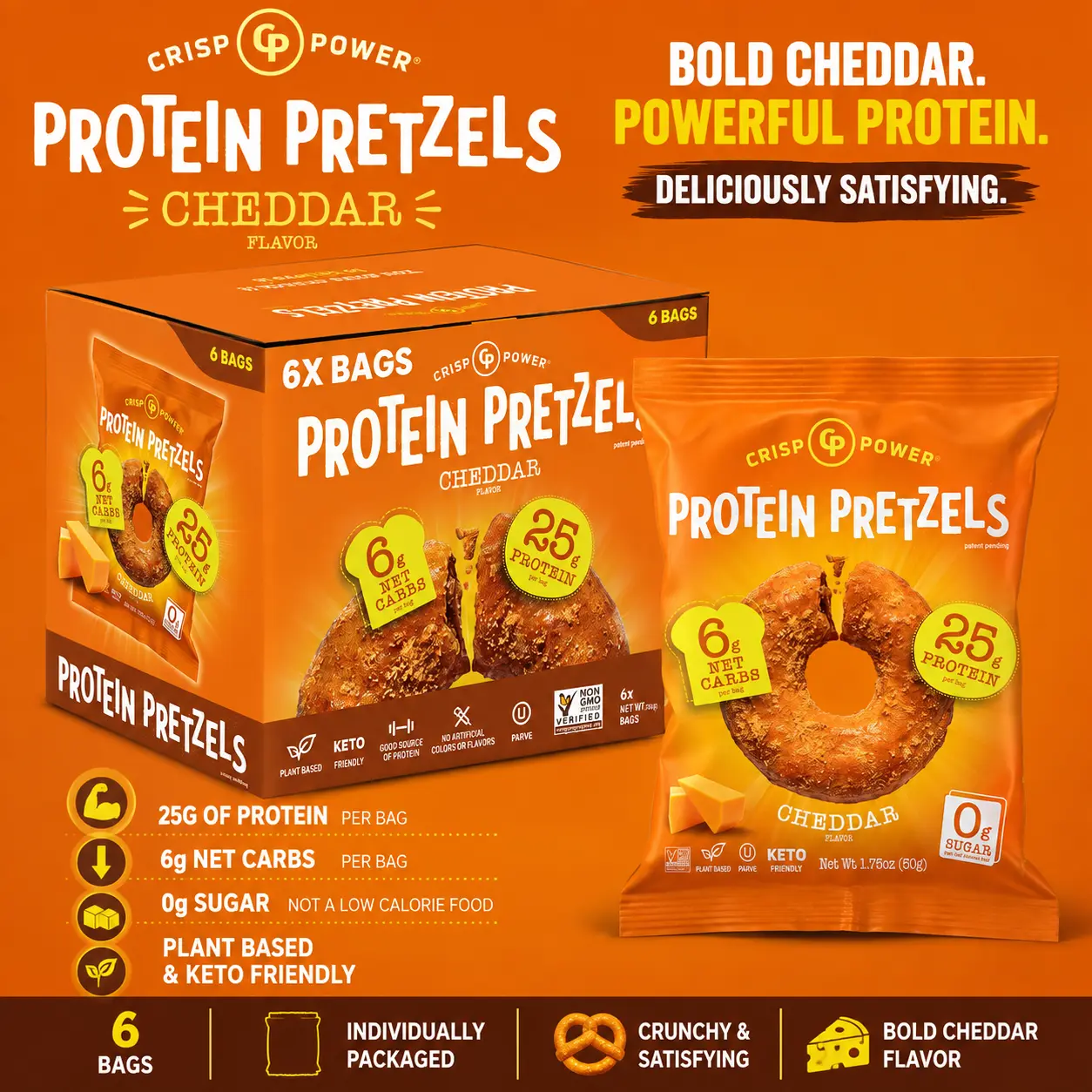 Crisp Power Protein Pretzels Cheddar Flavor 1.75 oz 6 Count High Protein Crunchy Pretzel Snacks