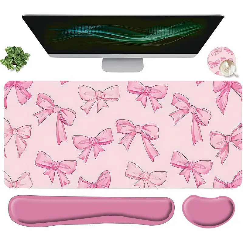 4pcs Kawaii Pink Bow Design + Keyboard Wrist Rest + Ergonomic Mouse Pad Cute, Non slip mousepad + Coaster Set For Desktop Decoration, Home Office Gaming, Gaming Accessory