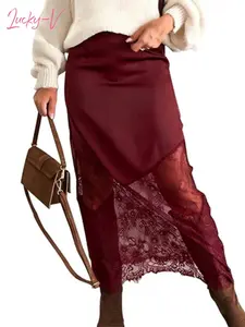 Chvity Women's High-Waist Fitted Satin Bottom, Basic Y2K Elegant Lace Patchwork Solid Silk Wrap Maxi Skirt 2026, Elegant Chic Skirt
