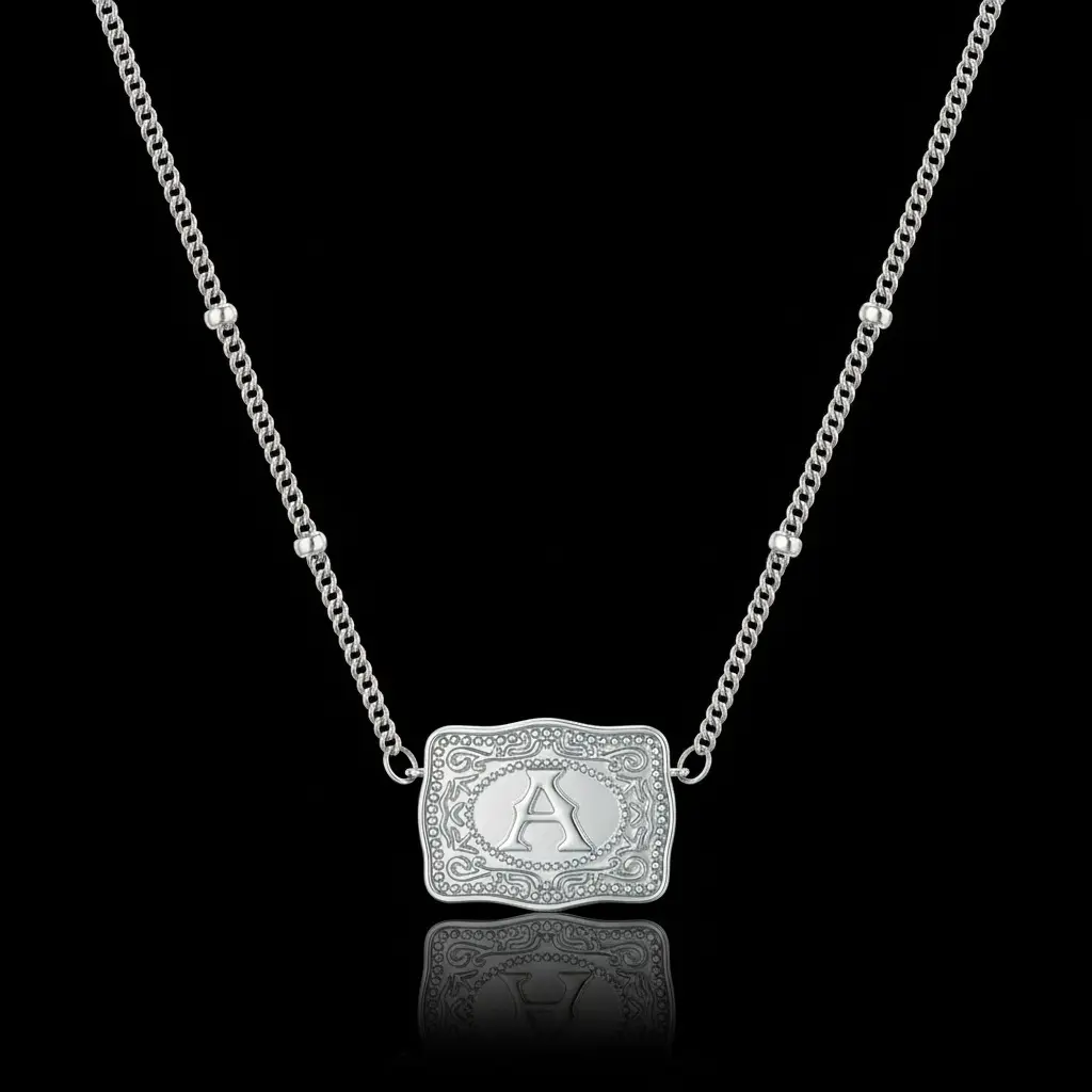 Mother's Day Gift, the Best Gift Initial Letter Pendant Necklace with Embossed Belt Buckle,Trendy jewelry, Personalized initial necklace, Handmade fashion accessory,CowTag Western Style Jewelry, Gift for Men Women, ,18"+2" Extender Length