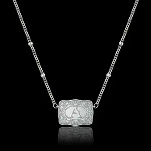 Mother's Day Gift, the Best Gift Initial Letter Pendant Necklace with Embossed Belt Buckle,Trendy jewelry, Personalized initial necklace, Handmade fashion accessory,CowTag Western Style Jewelry, Gift for Men Women, ,18"+2" Extender Length