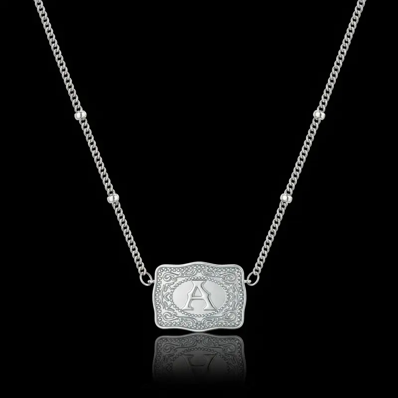 Belt Buckle Retro Initial Letter Pendant Necklace Handmade Fashion Accessory Personalized Letter Necklace CowTag Western Style 18 2 Extender Daily Wear Gifts for Boyfriend Initial Necklace