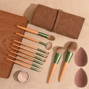 12PC Makeup Brush Set with Artificial Fiber Bristles Gradient Blue Solid Wood Handle Includes Loose Powder Blush Contour Eyeshadow Eyebrow Double-Ended Eyebrow Eyeliner Eyelash Brushes