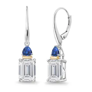6.54 Cttw 925 Silver & 10K Yellow Gold IGI Certified FG/VS1-VS2 Lab Grown Diamond & Blue Created Sapphire Dangle Earrings For Women | Emerald Cut Diamonds Each 3 Ct
