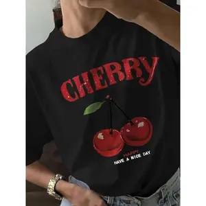 Ship within 24 hours Women's Cotton Cherry Graphic T Shirt Casual Round Neck Short Sleeve Top with Cherry & Letter Print for Spring Summer Autumn