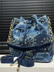 Ladies' Fashion Cowboy Diamond Set Gradient Handbag Large Capacity Drawstring Bucket Bag Water Diamond Decorative Flower Shoulder Bag Crossbody Bags
