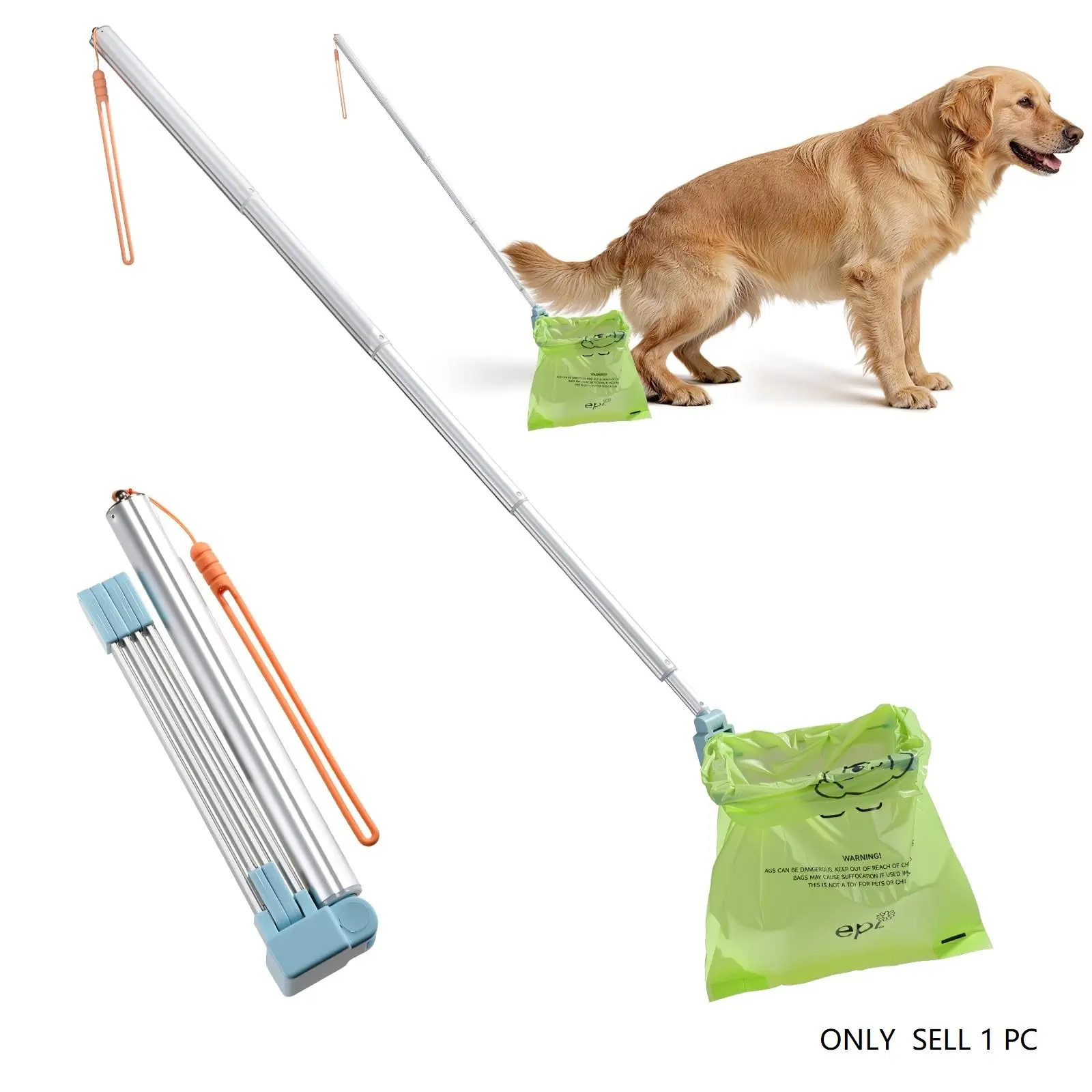 Portable Dog Poop Scoop with Bag, Foldable Outdoor Dog Poop Cleaning Tool, No Need to Bend Over, Made of Aluminum Alloy, Suitable for Both Large and Small Dogs