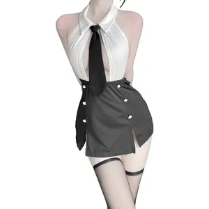 Women's Office Secretary Uniform Sexy Teacher Costume Cosplay Lingerie With Socks (2489White Black)