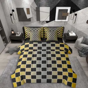 Geometric Plaid Bed in A Bag 7 Piece Yellow Grey Ombre Comforter Set with Sheets Aesthetic Checkered Bedding Set,for Kids Adults,Gradient Black Gingham Grids Bed Set