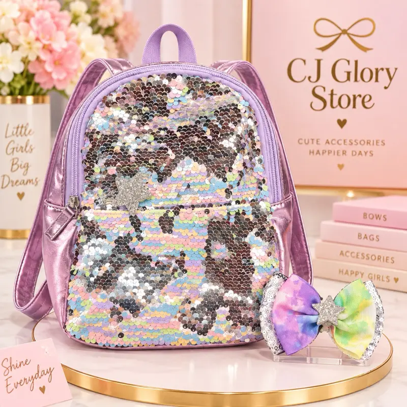 CJ Glory Store Purple Sequin Backpack with Rainbow Sequins and Bow Accessory for Girls