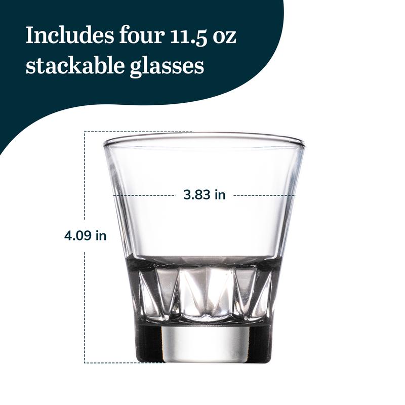 Libbey Bellevue Double Old Fashion Glass Set, 11.5 Oz, Clear, Retro Double Walled Whiskey Glasses, Modern Glassware Set of 4 for Cocktails, Water, and More