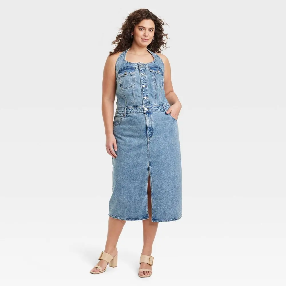 Universal Thread Women's Sleeveless Denim Midi Dress with Halter Neckline &  Front Button-Down Casual Summer Wear - TikTok Shop