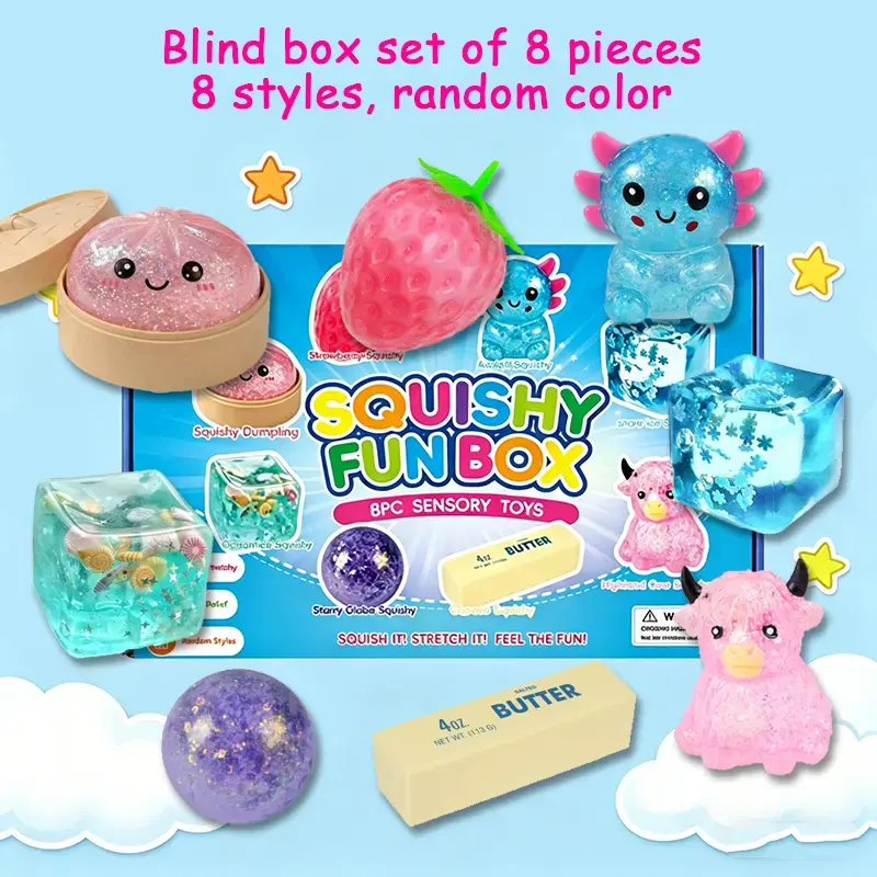 8-Piece Squishy Box Set - Malt Sugar Slow Rebound Squishies, Squishy Cube, Soft Stretchy Squeeze Toys, Axolotl Style, Sensory Play Aid, Birthday Party Gifts, Fidget Accessory for Mobile Phone Selfie Breaks