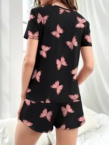Women's Black & Pink Butterfly Print Crew Neck Short Sleeve Pajama Set - Casual Summer Loungewear Sleepwear