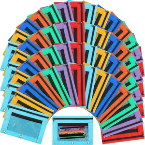 100 count Zipper Binder Pencil Pouches:3 Ring Binder Pencil Pouches with Zipper Window Bulk Clear Pen Bags Case for Office School Classroom Supplies(Double Layer with Mesh Layer,7 Colors)