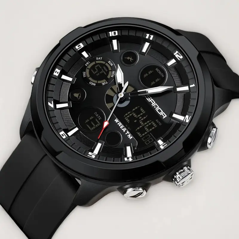 Men's Fashion Analog-Digital Quartz Watch, Casual Round Dial Multifunctional Wristwatch with Luminous Alarm and Box, Water-Resistant, Modern Waterproof Watch, Quartz Wristwatches