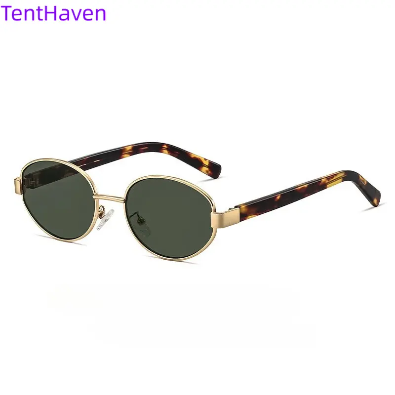 Women's Retro European Oval Sunglasses - Gold-Tone Frame with Leopard Pattern Temples, UV Protective, Flattering for Round Faces, Casual Sunglasses for Street Looks, Leopard Pattern Sunglasses