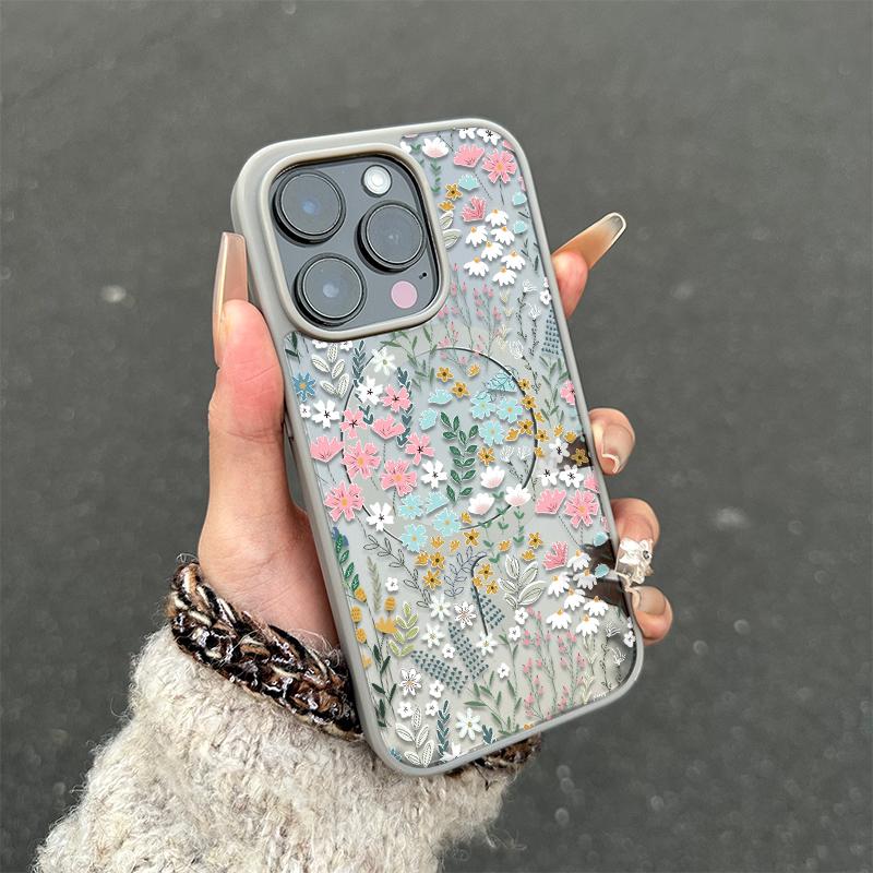 Chic Botanical Graphic Phone Case Hand-Drawn Style Pink, Blue & Yellow Wildflowers Paired With Lush Greenery Featuring Built-In Strong Magnet Ring Blending Smooth Macaron Texture With Secure Magsafe Compatibility For iPhone 17 16 15 14 13 12 11 X XS