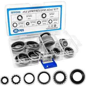 45pcs Air Conditioning Compressor Port Seal Washer Kit, 6 Types A/C Seal Replacement Gasket Assortment Universal Automotive Self-Centered Washers