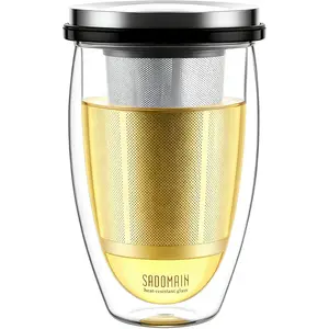 Glass Tea Cup with Infuser and Lid, Tea Infuser Mug in 12 OZ/350ML, Heat-Proof Double Wall Glass Tea Cup, 100% Plastic-Free Tea Mug with Lid and Strainer, Keeps Drinks Hot/Cold Longer Time