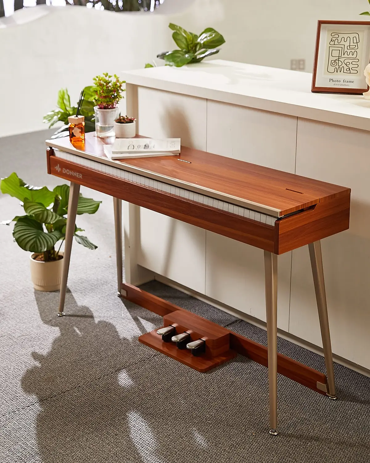 Donner DDP-80 PLUS 88-Key Progressive Weighted Wooden Upright Digital Piano, Semi-Open Cover, French Dream Sound Source, Metal Pedal Unit