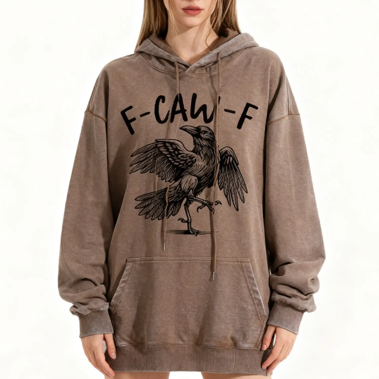 Oversized Crow Graphic Sweatshirt for Women, Vintage Acid Wash Crewneck Pullover, Long Sleeve Cotton-Polyester Streetwear, Hoodie, Fabric, Streetwear Chic, Casual, Fashion Apparel, Party