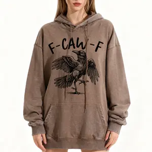 Wayii Fashion F-Caw-F Black Crow Print Acid Wash Womenswear Hoodies Vintage 2025 Sweatshirt Oversized Loose Fit Winter Warm Streetwear Casual Tunic Crewneck