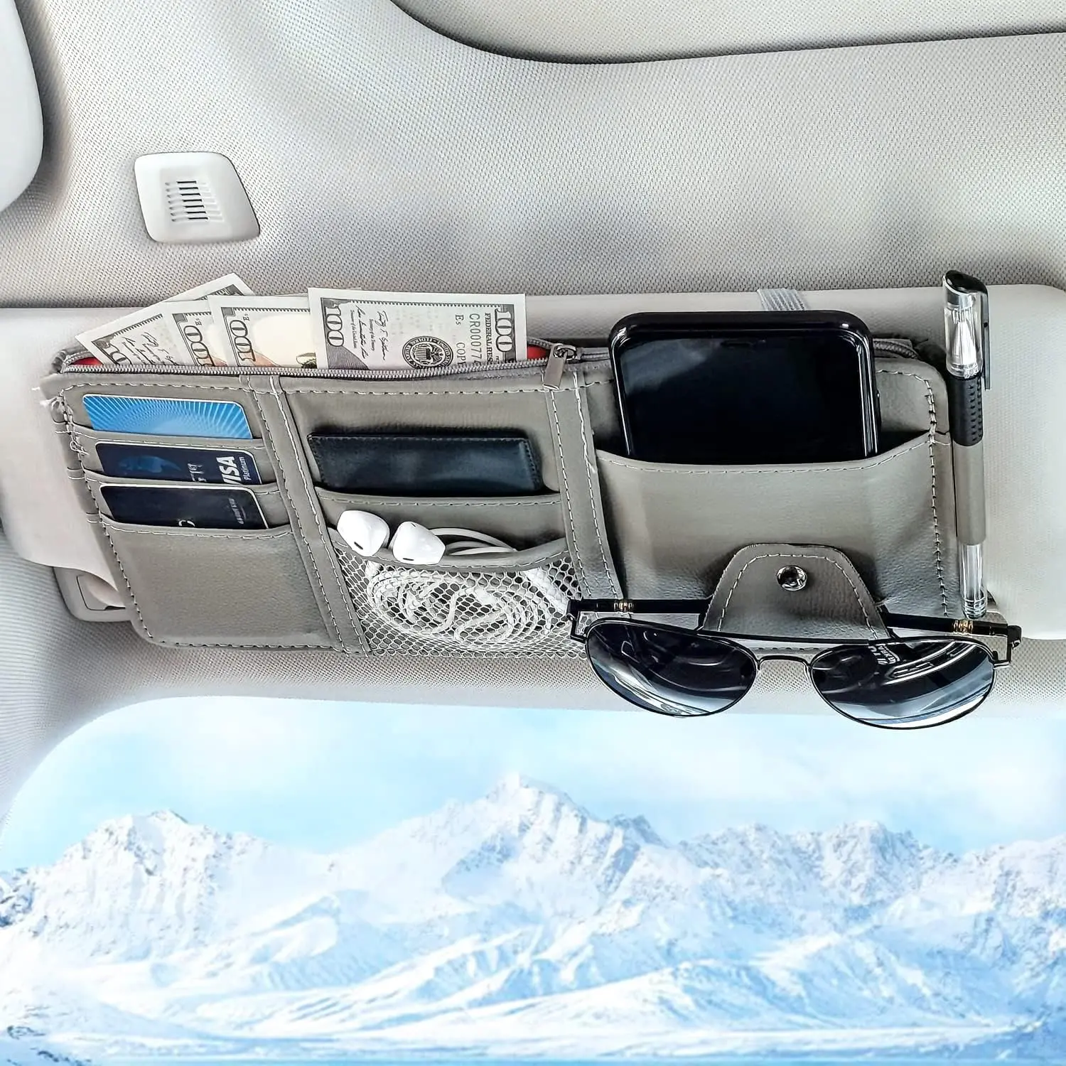 Sun Visor Organizer with Zipper Pocket, Auto Interior Accessories Pocket Organizer   Visor Storage Pouch Holder for Cards, Pens, Sunglasses and Document - Gray