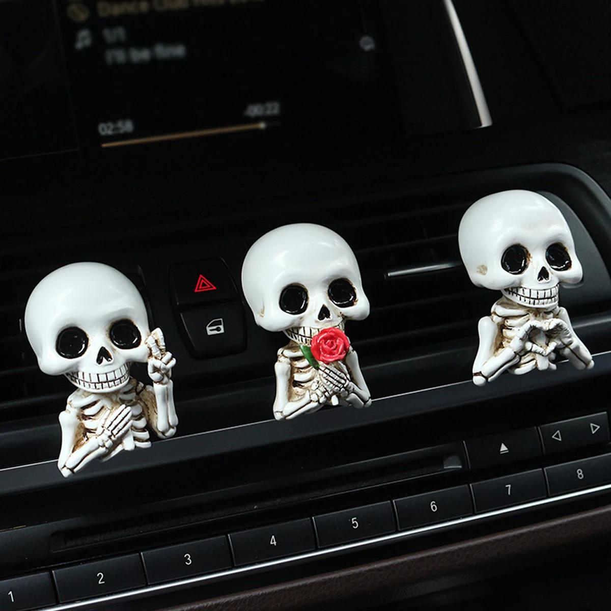 3pcs Cute Skeleton Resin Figurines, Car Interior Accessories, Fragrance Diffusers, Car Aroma Diffuser, Air Outlet Clips, All-Season Car Decor, Holiday Decorations, Air Freshener, Car Accessory, Perfect Car Gift