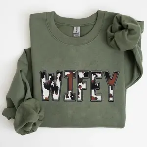 [Made In USA] Wifey Cow Print Sweatshirt, Western Wifey Graphic Pullover, Bold Ranch Style Lettering Top, Country Wife Gift Apparel, Trendy Rustic Farmhouse Aesthetic Crewneck, Classic Cotton Cozy Sweatshirt