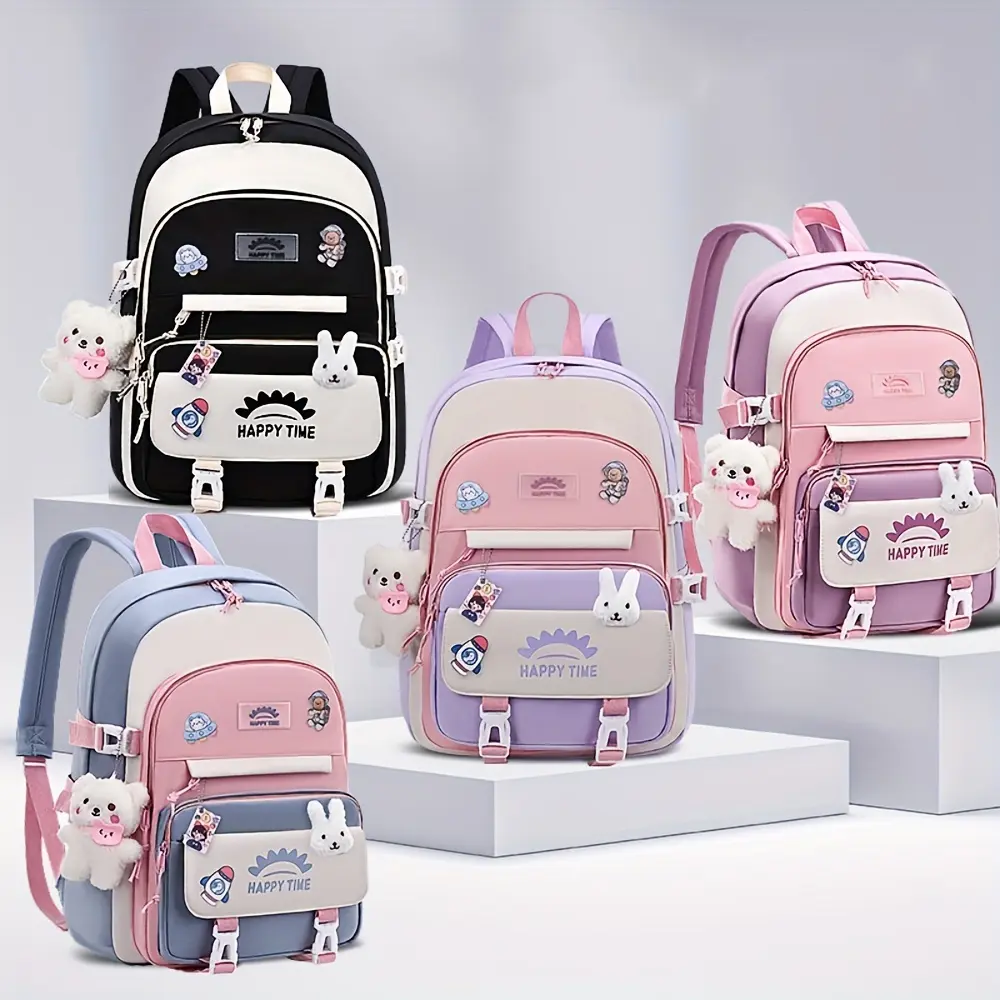 2026 New Arrival Cute Cartoon Backpack for Girls, Adjustable Straps, Zipper Closure, Splicing Design, Casual Style, Hand Washable - Perfect for Elementary & Middle School Students, Travel Backpack