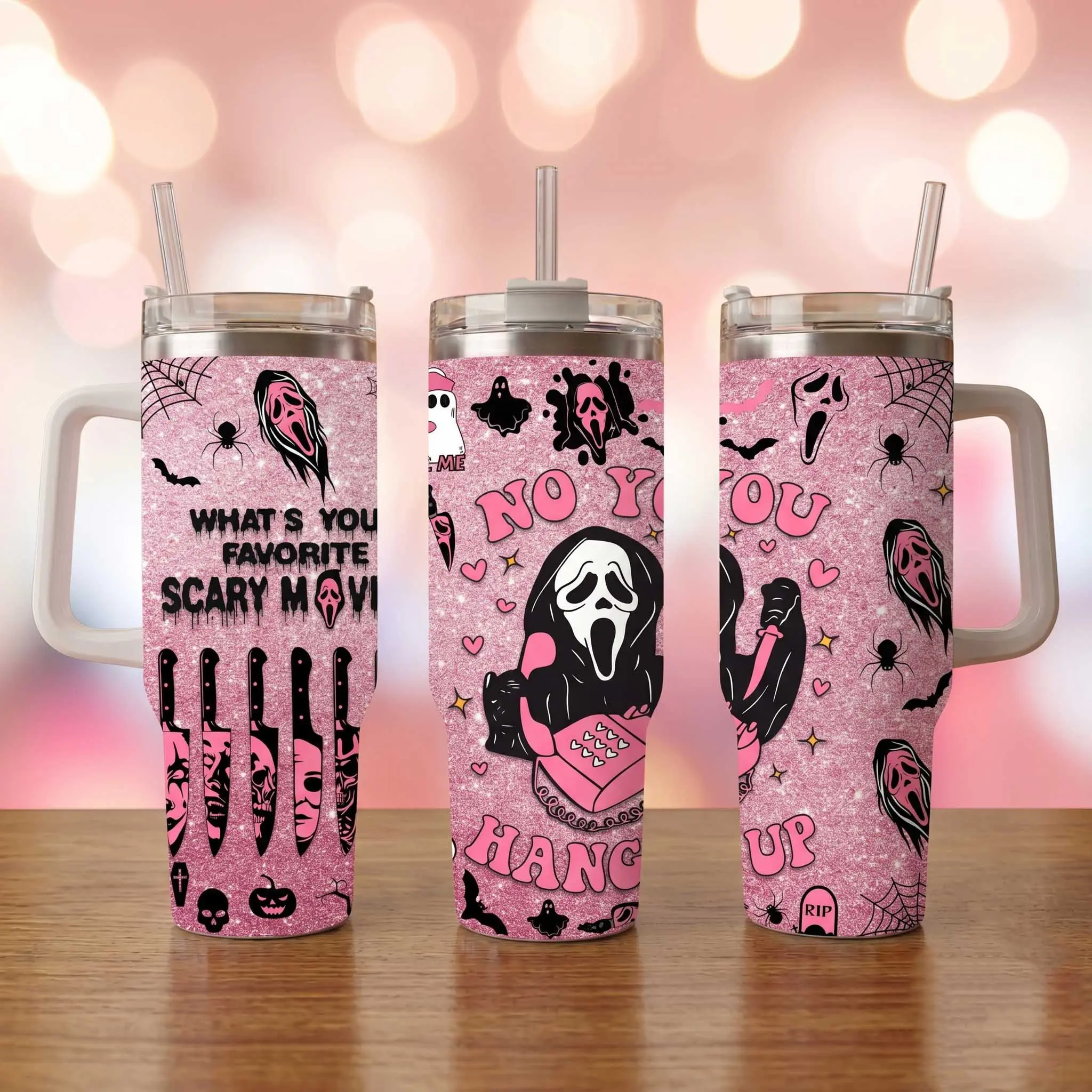 Ghostface Pink Glitter 40oz Tumbler With Handle, Scream Horror Movie Inspired Stainless Steel Travel Mug, "No You Hang Up" Insulated Cup With Straw Lid, Cute Spooky Halloween Drinkware, Horror Fan Gift