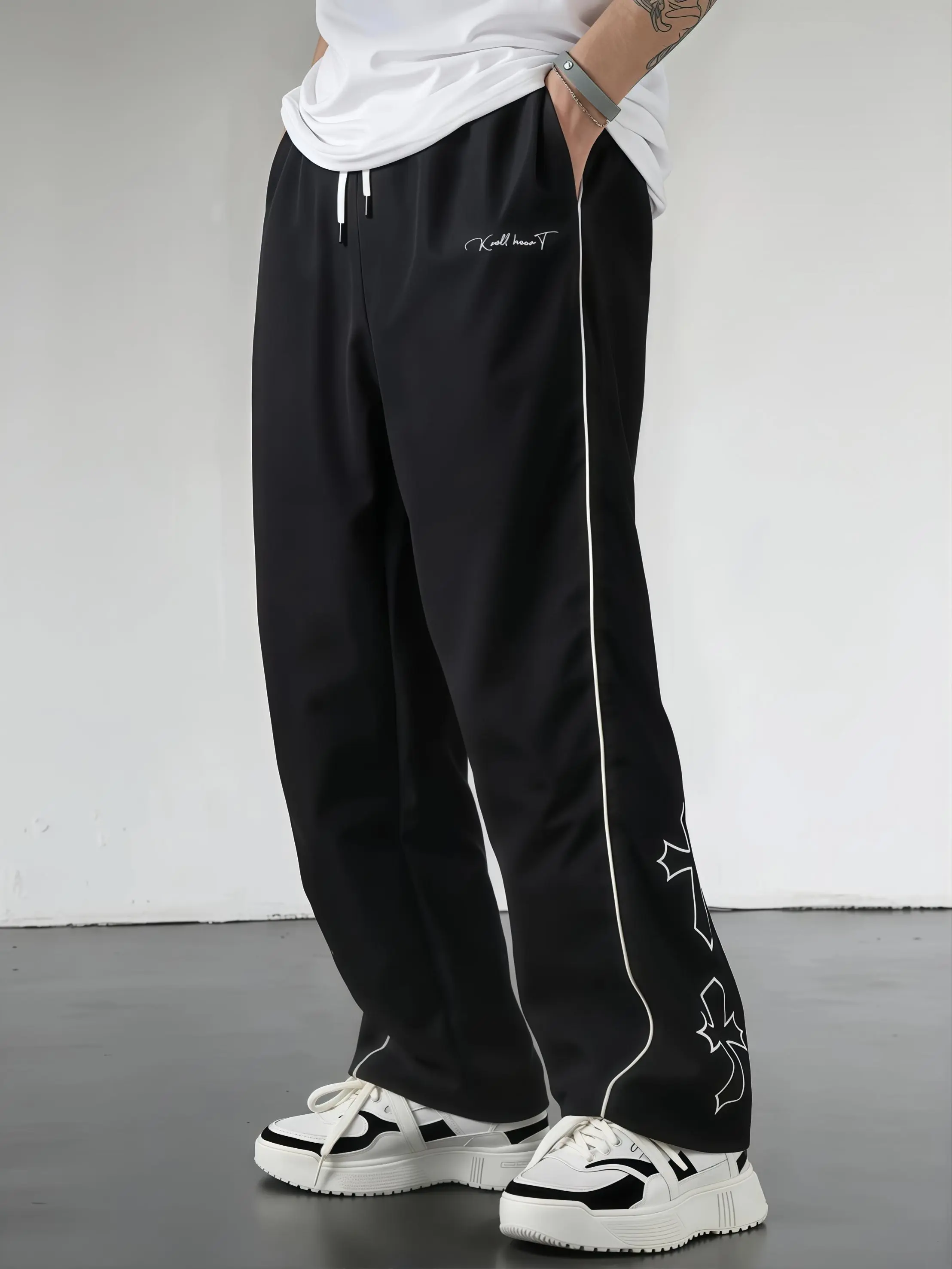 Gamis Bestie Men's Black Athletic Comfy Pants - Mens Clothing with White Side Stripes, Embroidery Design, Drawstring Straight Leg for Casual, Gym, Athleisure Wear