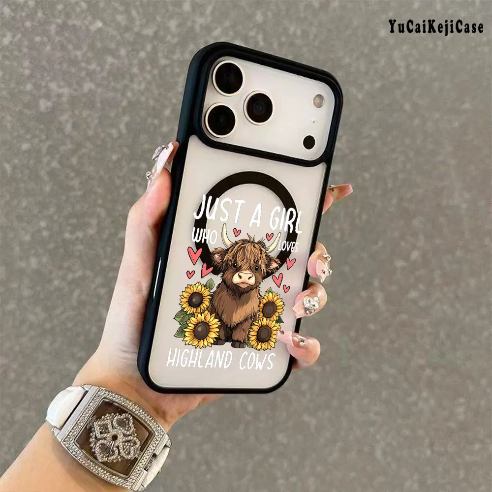 Cute Highland Cow Pattern Premium Magnetic Phone Cases for iPhone 16 15 14 Pro Max 13 12 11 Plus Smartphone Shockproof Protection Acrylic Cover Cellphone Protective magsafe magnetic case Aesthetic Resistance Casing Protector