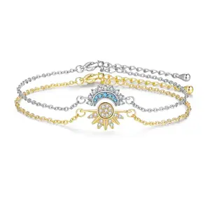 S Sun Moon Bracelet Set Stackable Bracelet for Women Men Sparkling Gold Sun Ring/Blue Moon Bracelet Couple Bracelet Matching Bracelet as Friendship