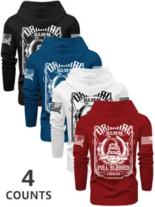 Men's Graphic Hooded Long Sleeve T-Shirt Set, Casual Outdoor Wear for Spring & Fall, Fitted Moderate Fabric, 4-Piece Pack