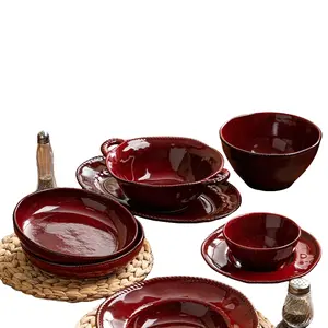 7-piece ceramic tableware set, kiln turned ceramic tableware, retro red, containing dipping dishes, plates, bowls and other tableware suitable for high-end restaurants, kitchens, etc. Microwave safe, machine washable