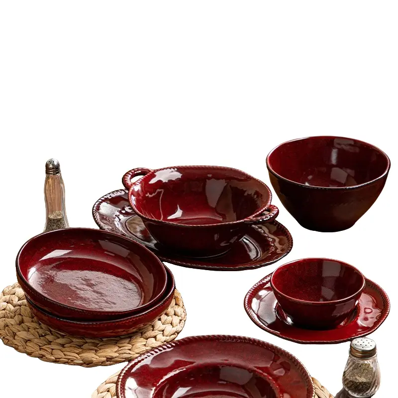 7-piece ceramic tableware set, kiln turned ceramic tableware, retro red, containing dipping dishes, plates, bowls and other tableware suitable for high-end restaurants, kitchens, etc. Microwave safe, machine washable Dinnerware Sets
