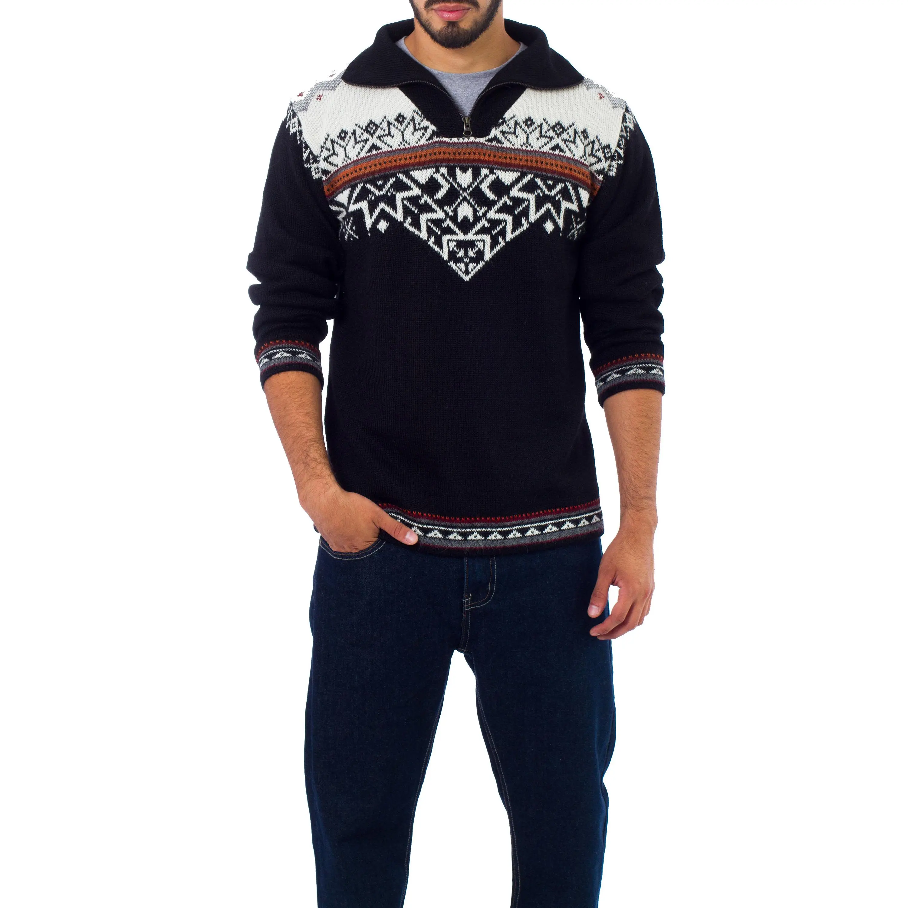 Novica Artisan Handmade Men's Alpaca Sweater Black White Zipper Turtleneck Wool Clothing Peru 'Midnight Snow'