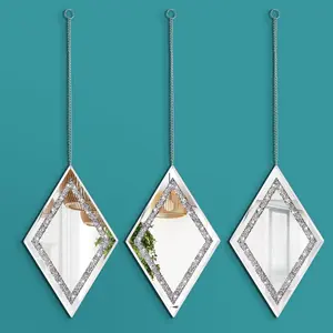 3 Silver Color Rhombus Wall Mirrors with Diamond Inlays, Decorative Crystal Shattered Diamond Mirror for Bedroom, Living Room, Hallway