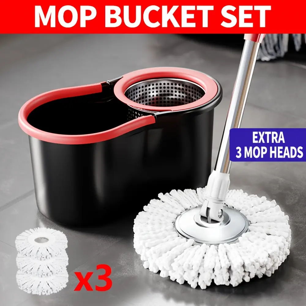 Mop And Bucket Set with 360° Rotatable Mop, Includes 3 Microfiber Replacement Heads And 47-Inch Stainless Steel Adjustable Handle, Cleaning Supplies,