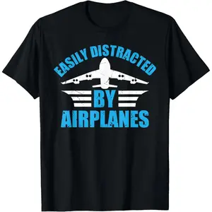 Mens Aircraft Pilot Plane Lover T-Shirt - Easily Distracted by Airplanes, Natural Shortsleeve Fabric, Fashion Menswear Graphic Tee