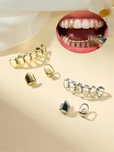 Hip Hop Teeth Grills For Your Teeth Fake Teeth Grillz Mouth Top Tooth Single Grill Cap Teeth Party Accessories, Silver Gold Plated Mouth Teeth Caps For Men Women For Banquet, Prom, Party Teeth Cover Girls