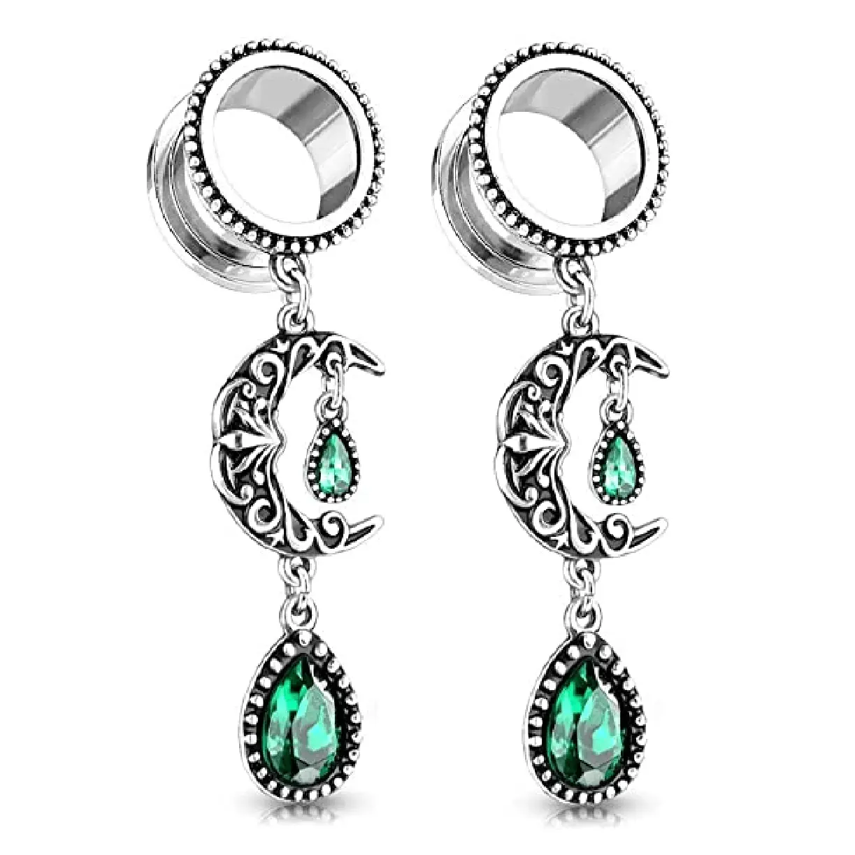 Surgical Steel Filigree Moon with Emerald Green Stone Pear Dangle Screw Fit Flesh Tunnel Plugs