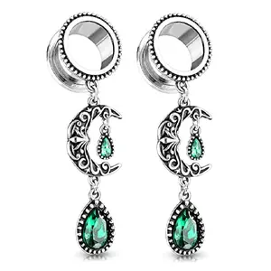 Surgical Steel Filigree Moon with Emerald Green Stone Pear Dangle Screw Fit Flesh Tunnel Plugs