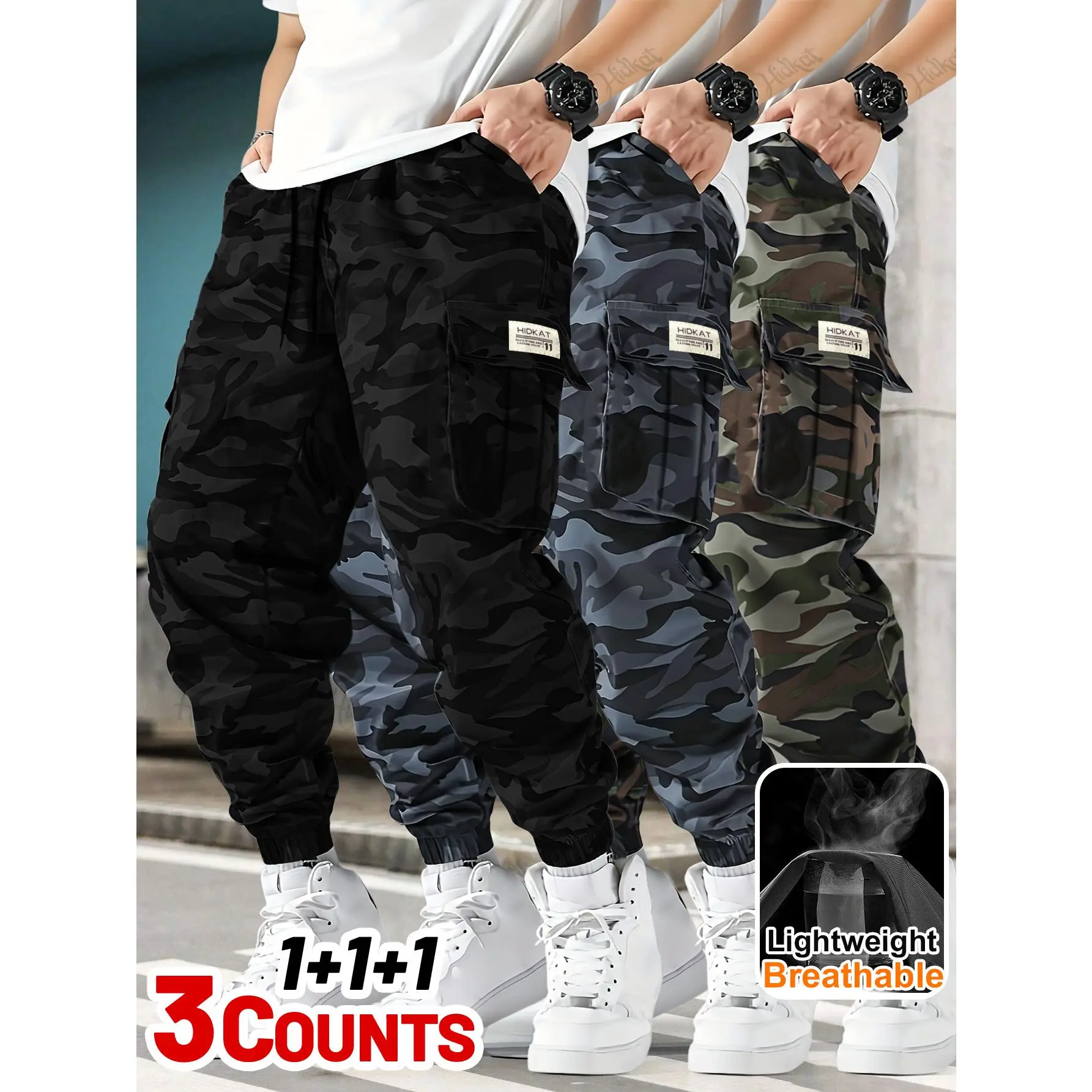 Unisex Sporty Joggers 3-Pack Camouflage Cargo Pants - Lightweight Breathable Non-Stretch Fabric, Drawstring Waist, Flap Pockets - Ideal for Spring, Autumn Outdoor Sports Wear
