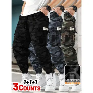 HIDKAT 3pcs Unisex Casual Loose Camouflage Cargo Pants, Nylon Cotton Lightweight Thin Non-Stretch Woven Fabric, Comfortable Breathable Regular Fit with Drawstring Waist & Flap Pockets, Ideal for Spring & Autumn Daily Use (Black Friday Edition) summervibes