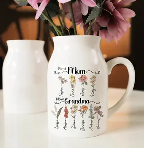 First Mom Now Grandma Gift, Custom Birth Month Flowers Grandma Vase, Custom Grandkid Name Flower Vase, Mothers Day Gift